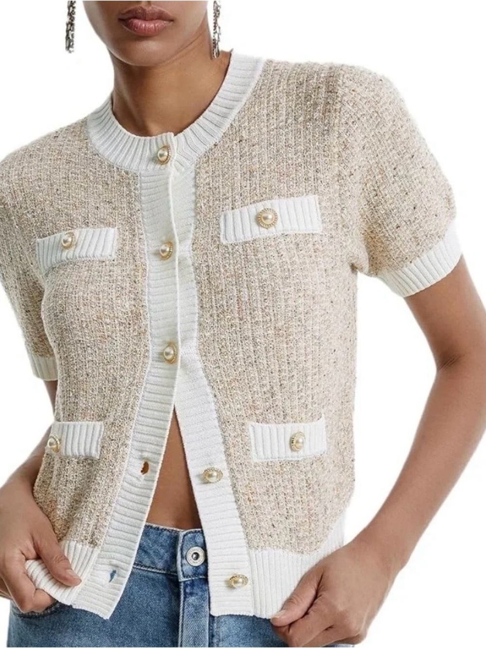 NWT Urban Revivo Tweed Knit Cardigan Top Pearl